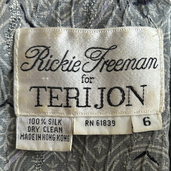 Vintage Rickie Freeman for Teri Jon 100% Silk Grey Puff Sleeve Floral Dress - Picture 3 of 6